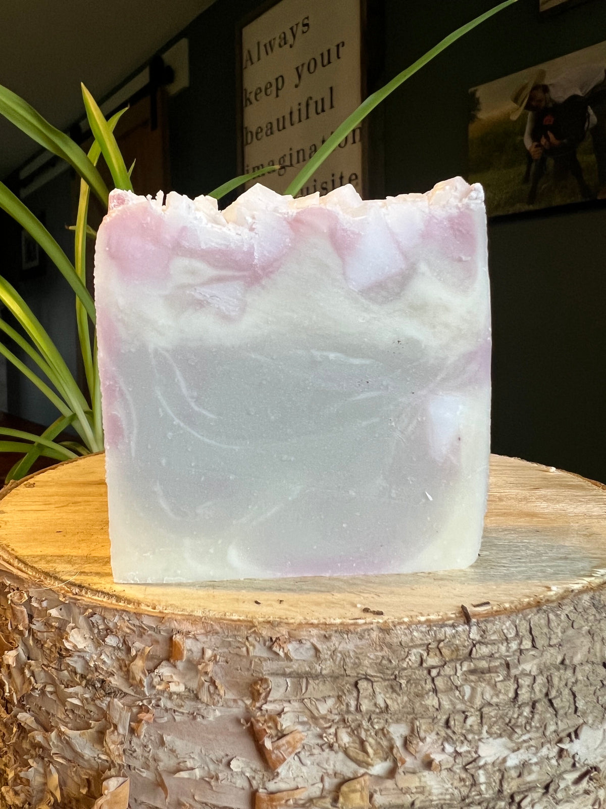 Lavender Lemongrass Soap Bar white with light pink and purple swirls siting on log with plant in background